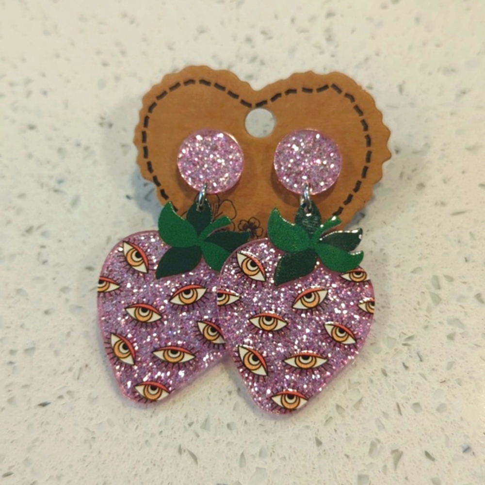 Strawberry eyeball glitter stud dangle earrings